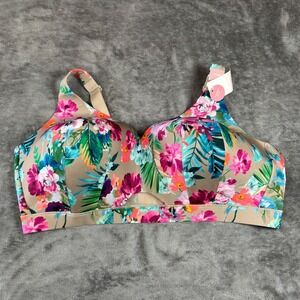 Cacique Comfort Bliss No-Wire Bra 48DDD Tropical Floral Lightly Lined Tan Multi